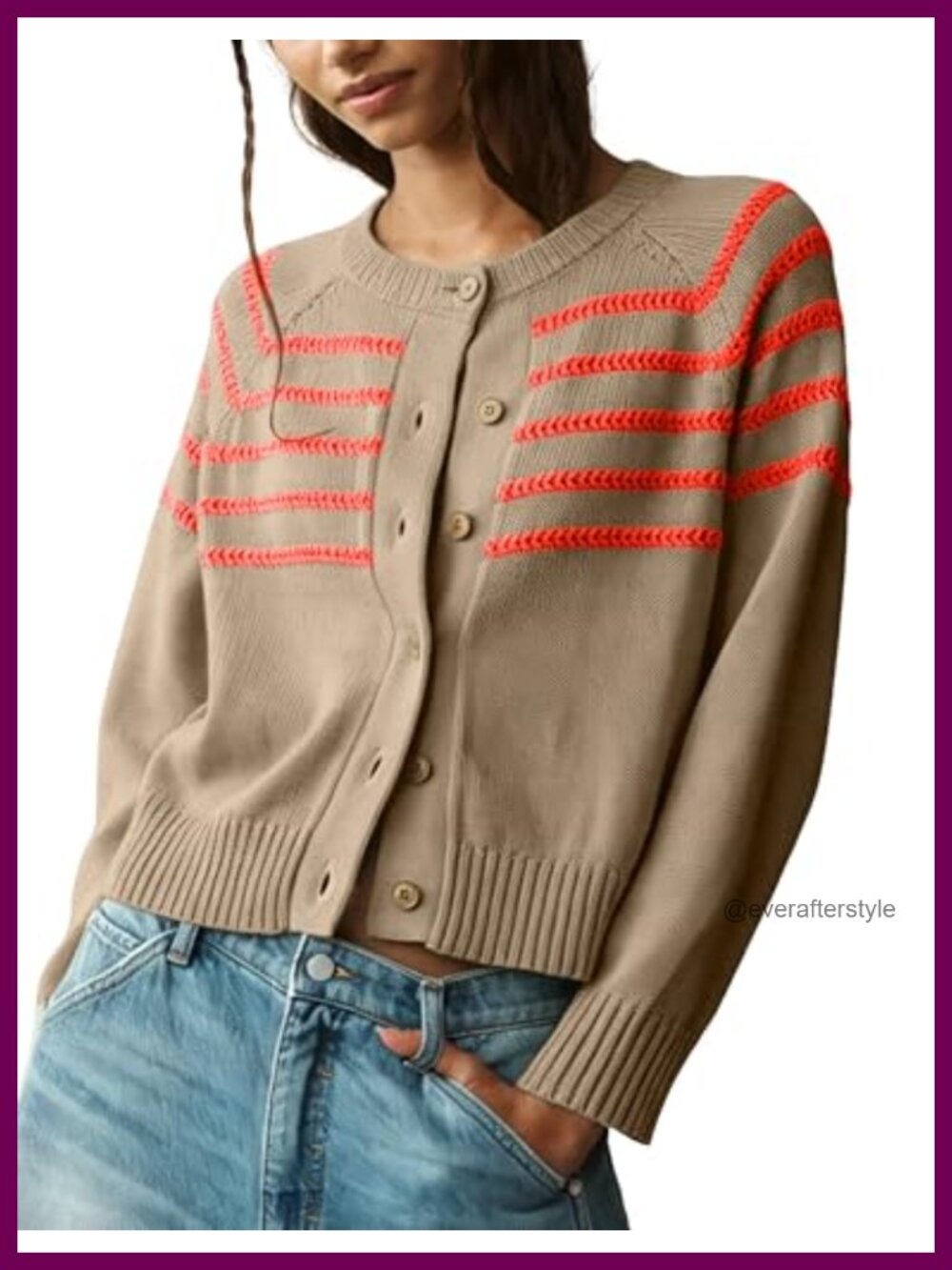 Striped Button Down Cropped Knit Cardigan Long Sleeve Crewneck Sweater